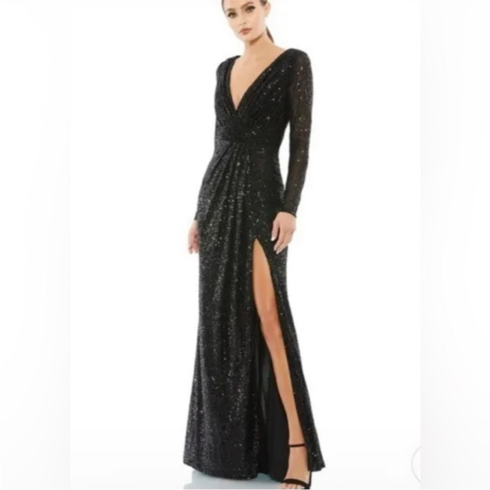 Mac Duggal sequin faux wrap black gown, sz 4, new, no defects